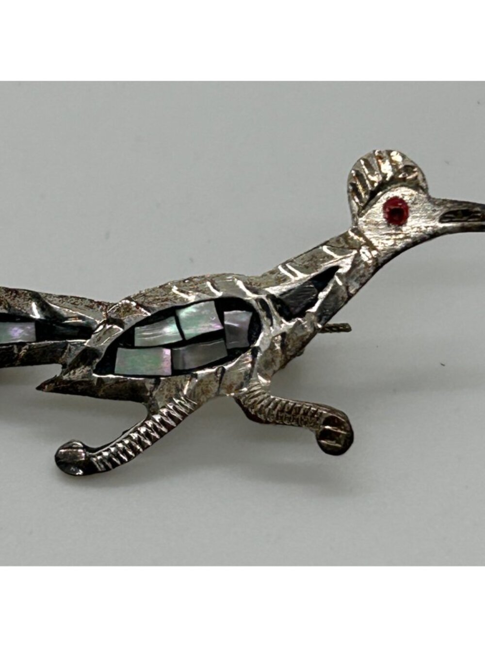 Vintage Heco En Mexico Sterling Silver 925 Abalone Shell Roadrunner Bird Brooch - Picture 3 of 12